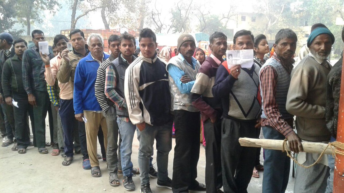 People in queue for casting their votes in Moradabad, Uttar Pradesh