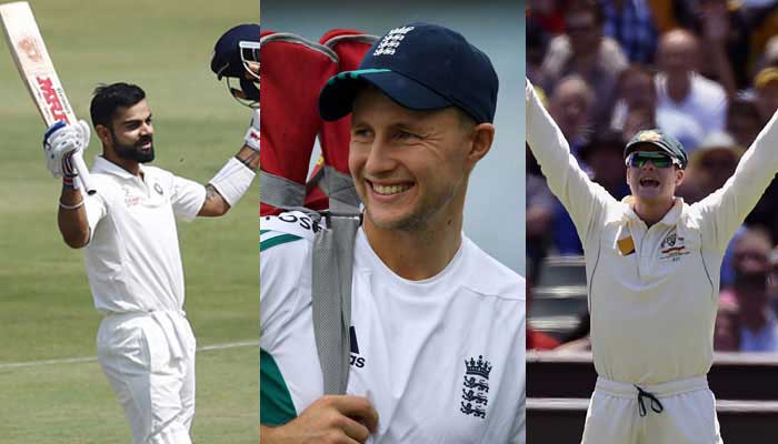 Indian cricketer Virat Kohli (Left),  England Cricketer Joe Root (Centre) and Australia cricketer Steve Smith (Right)