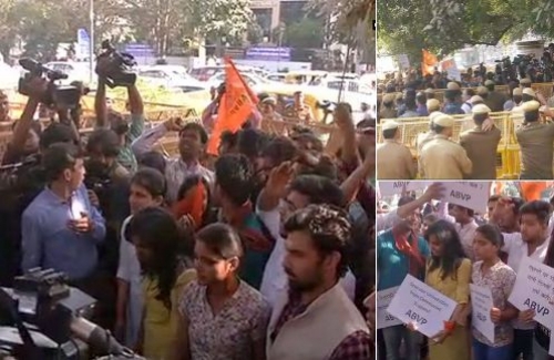 ABVP members stage protest outside Delhi Police Headquarter