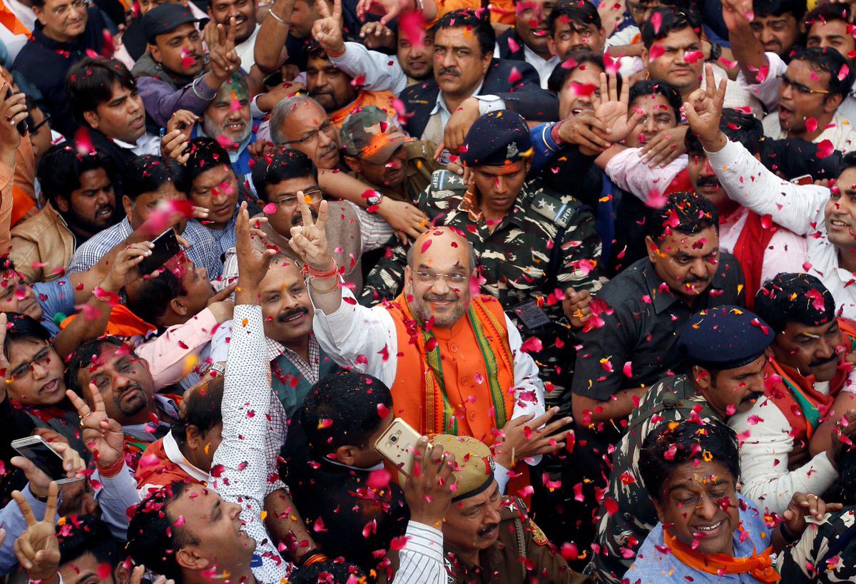 BJP president Amit Shah welcomed at the headquarters, Delhi