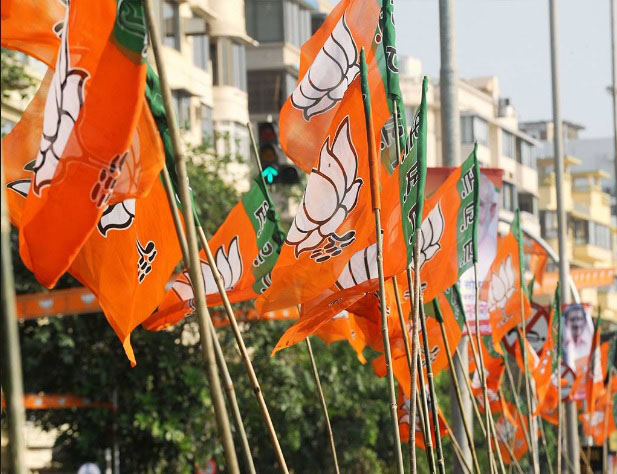 BJP flags waving in the air 