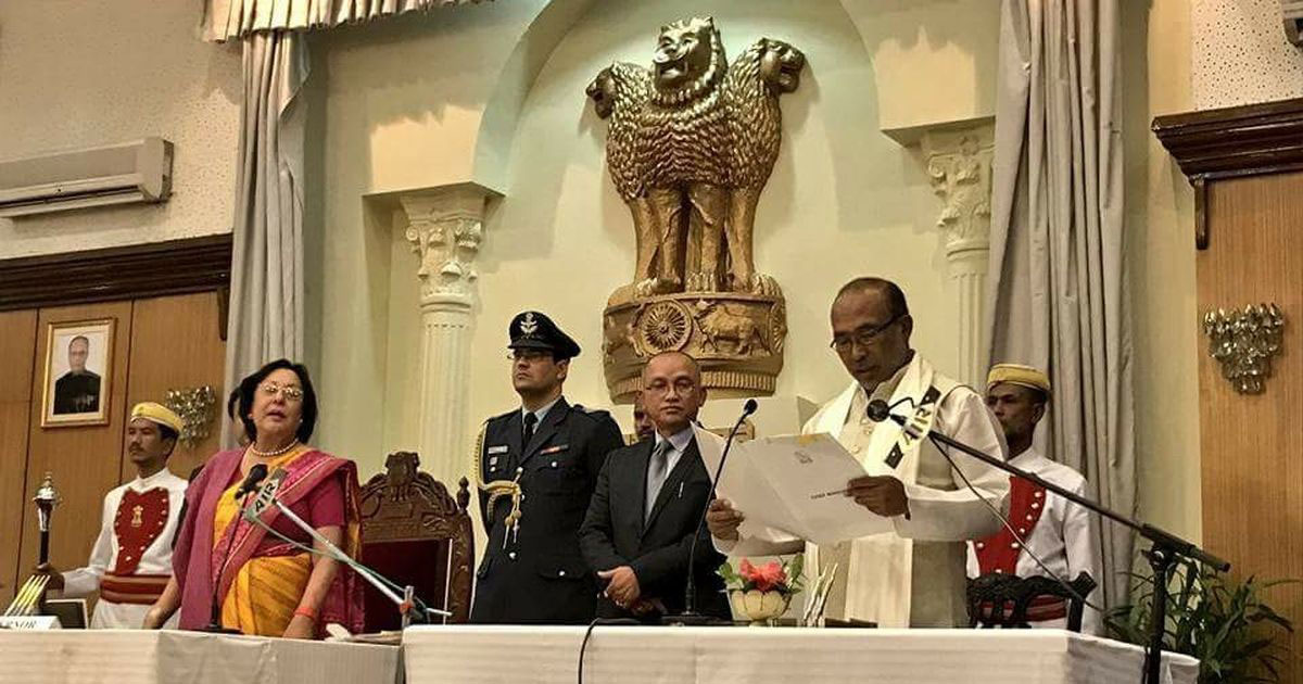 N Biren being sworn as the CM of Manipur