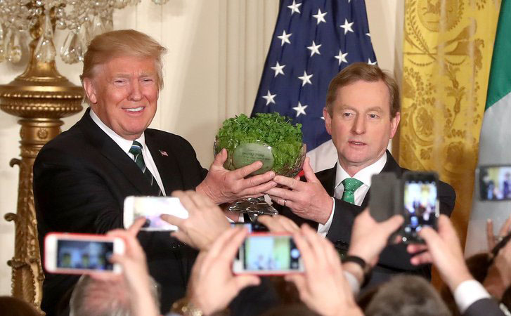The Taoiseach presenting a bowl of Irish shamrocks to Trump