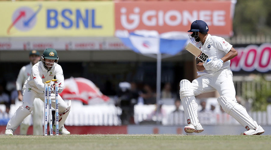 M Vijay is stumped by Matthew Wade, India v Australia, 3rd Test, Ranchi, 3rd day