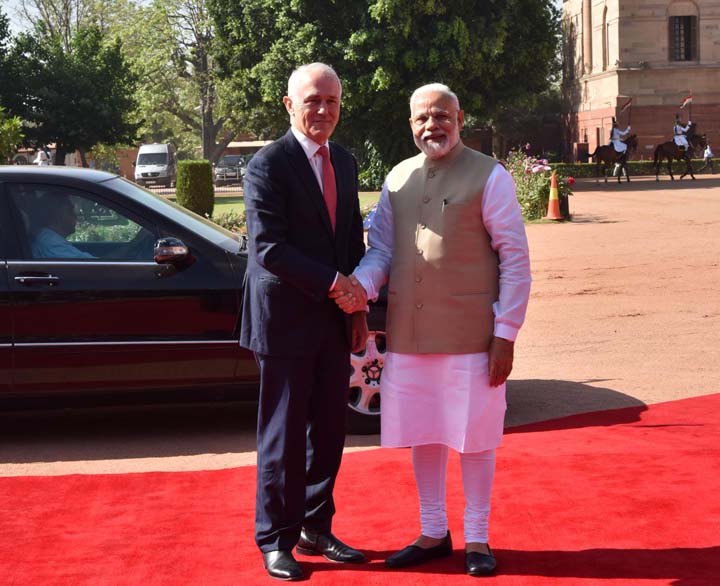 Prime Minister Narendra Modi is shaking hand with Australian Prime Minister Malcom Turnbull