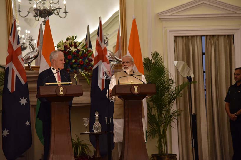 Prime Minister Narendra Modi with Australian Prime Minister Malcom Turnbull at Hyderabad House, New Delhi 