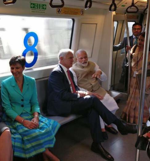 Prime Minister Narendra Modi with Australian PM Malcom Turnbull in Delhi Metro 