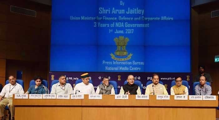 Finance Minister Arun Jaitley addressing media on completion of three years of the Modi government