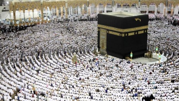 Muslim worshippers pray at the Kaaba at the Grand Mosque in Mecca