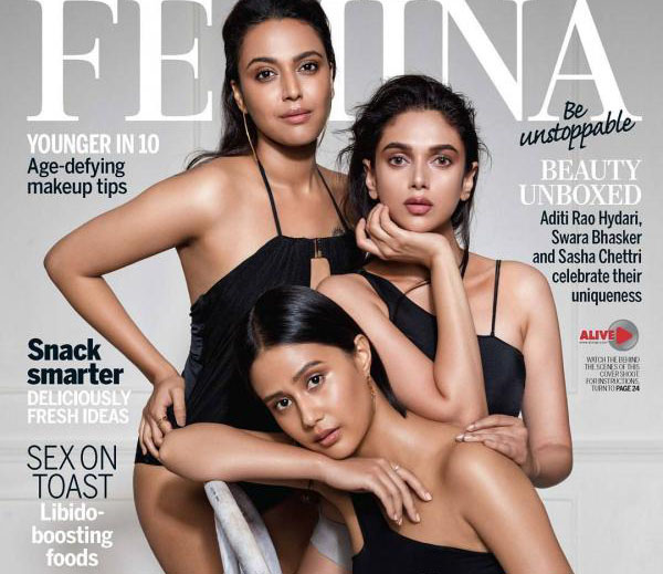 Swara Bhaskar, Aditi Rao Hydari and Sasha Chettri on the cover page of Femina 