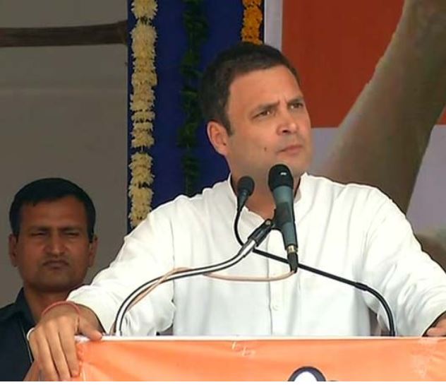Congress vice president Rahul Gandhi addressing a public rally at Chhota Udaipur