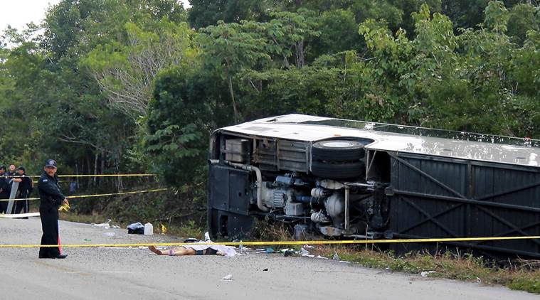 The bus carrying cruise ship passengers to the Mayan ruins at Chacchoben in eastern Mexico flipped over on the highway 