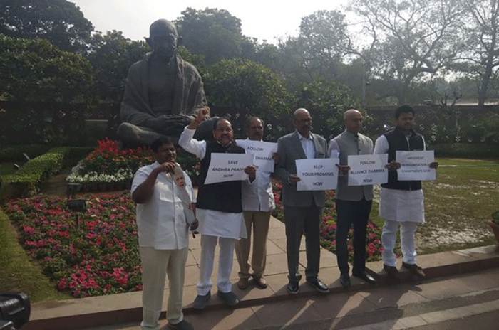 TDP protest at Mahatma Gandhi statue