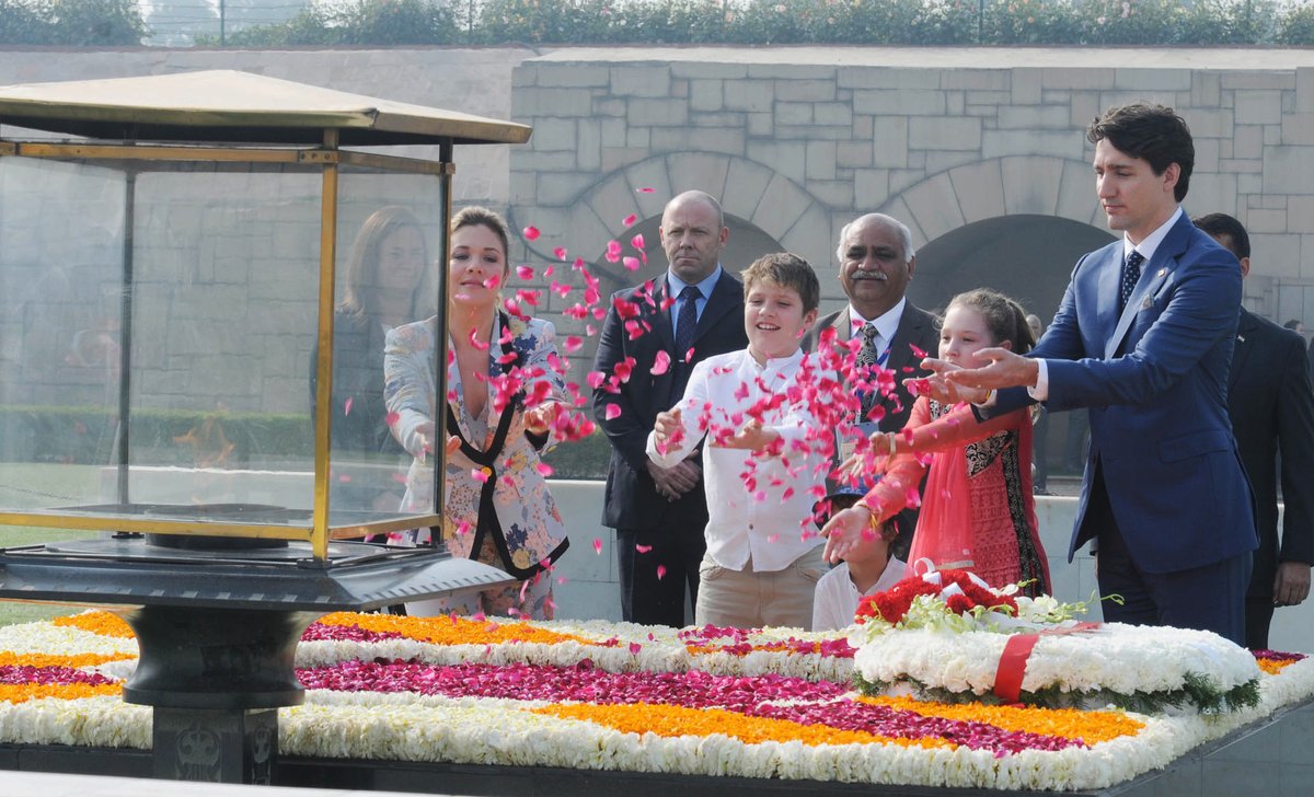 Prime Minister of Canada Justin Trudeau pays floral tributes at the Samadhi of Mahatma Gandhi