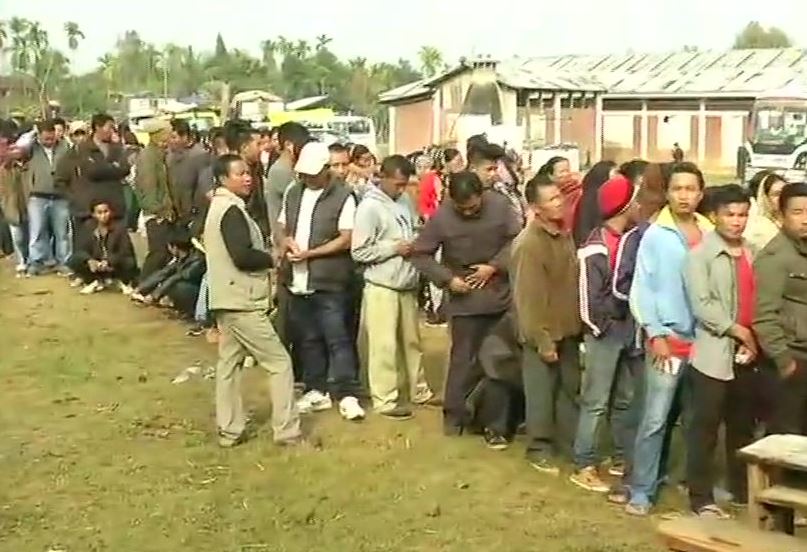 People standing in a queue to cast their votes  in Nagaland
