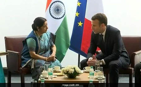 French President Emmanuel Macron  with  (MEA) Sushma Swaraj