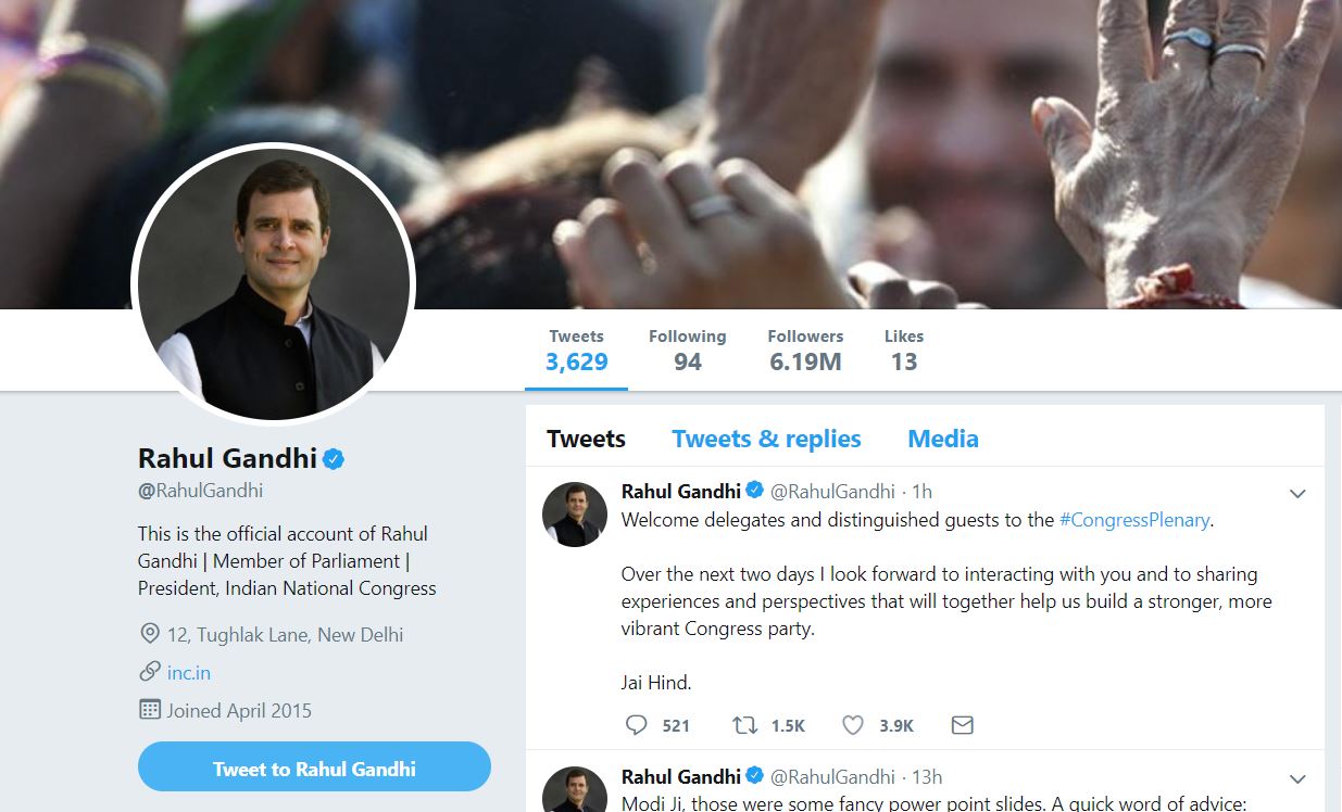 Twitter account of Congress Party president Rahul Gandhi 