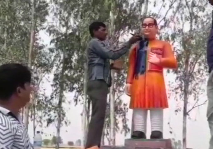 Statue of Dr BR Ambedkar painted in saffron 