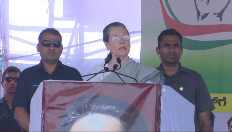 Sonia Gandhi addresses a rally in Bijapur, Karnataka