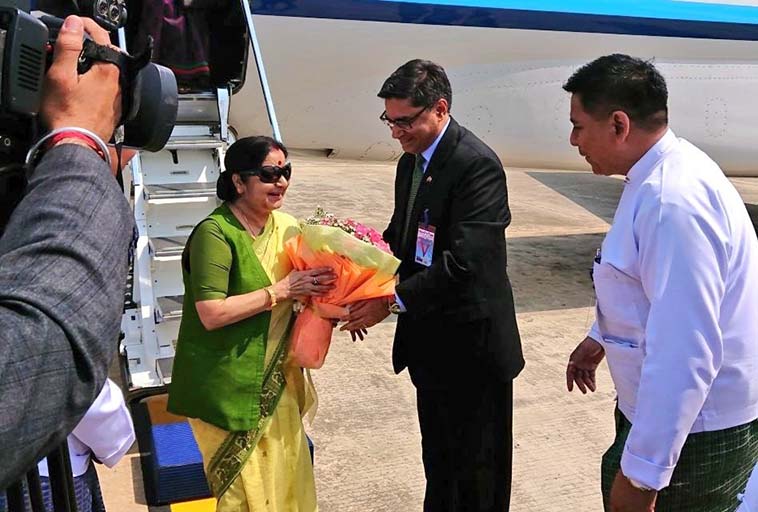 External Affairs Minister Sushma Swaraj arrives in Myanmar