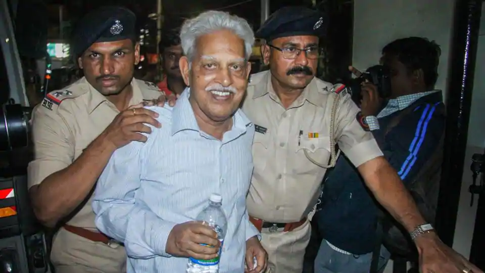 Revolutionary writer P Varavara Rao, arrested in connection with the Bhima Koregaon case, being produced at a court in Pune