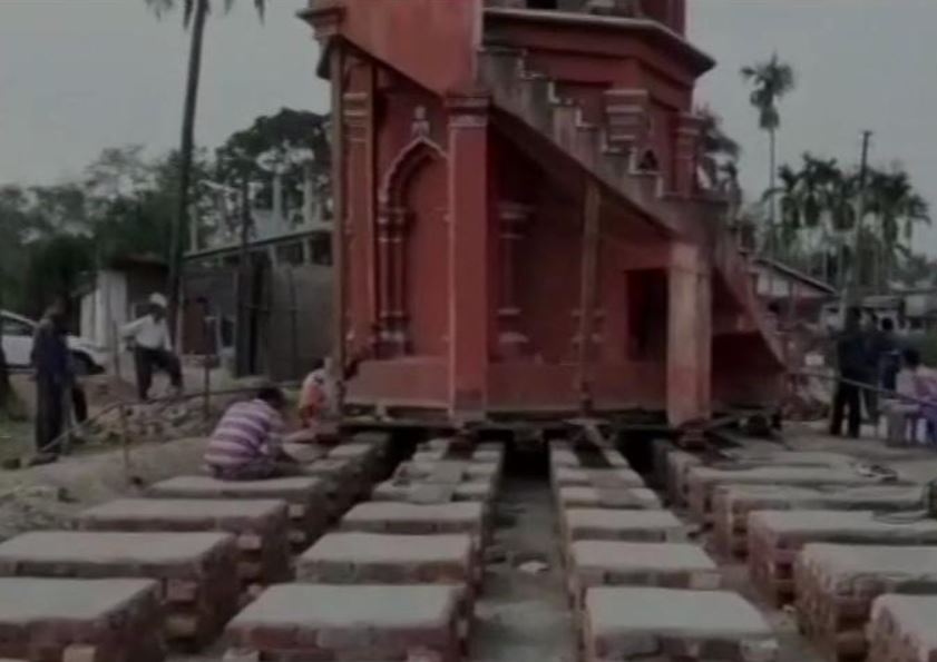 A 2-storeyed minaret of a historic mosque is being shifted in Assam