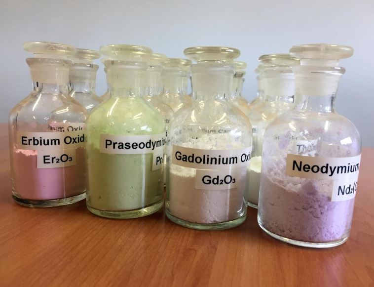 Jars containing rare earth minerals produced by Australia's Lynas Corp from its Mount Weld operations