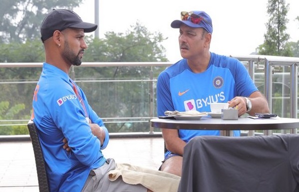 Coach Ravi Shastri with opening batsman Shikhar Dhawan