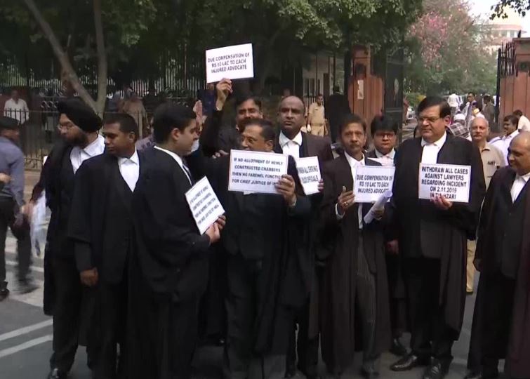 Lawyers staged a protest against the Tis Hazari court incident on Monday
