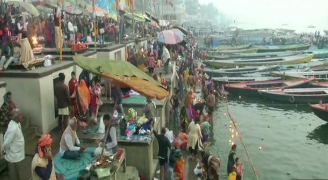 Devotees took a holy dip in river Ganga on Maghi Purnima on Sunday morning at Varanasi