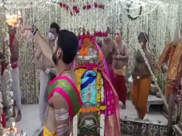 Priests performing the the Bhasma Aarti at Mahakaleshwar Temple on Monday