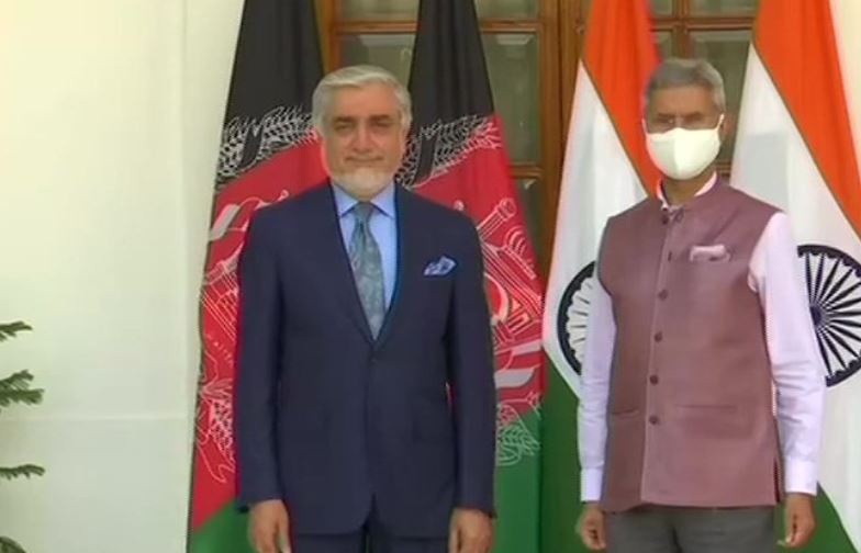 Abdullah Abdullah, chief negotiator in the intra-Afghan peace dialogue with Taliban, with External Affairs Minister S Jaishankar on Friday at the Hyderabad House.
