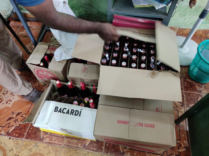 The seized contraband liquor bottles in Rameswaram, Tamil Nadu.