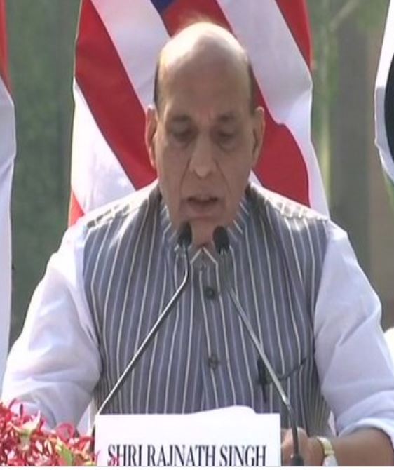 Defence Minister Rajnath Singh speaking at the press conference after 2+2 Ministerial Dialogue.