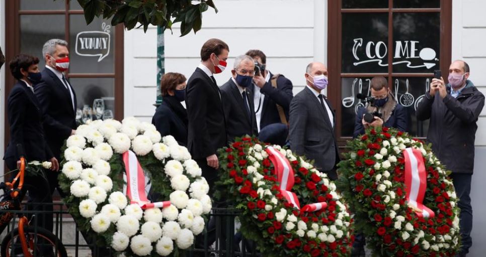 Austria Chancellor Sebastian Kurz, President Alexander van der Bellen and President of Parliament Werner Sobotka attend a wreath laying ceremony after a gun attack in Vienna