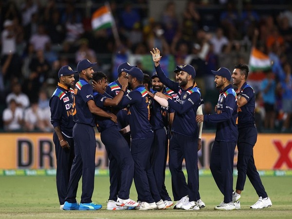Team India celebrating after winning the first T20I