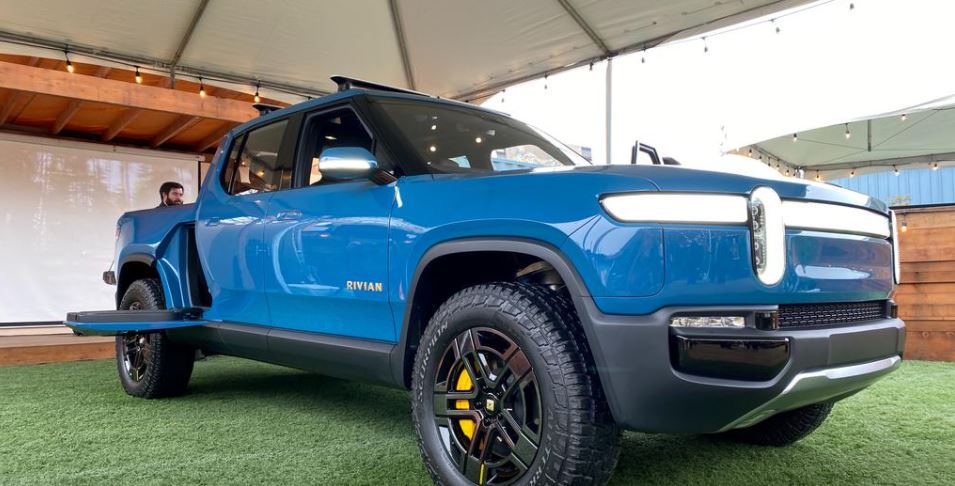 The Rivian R1T all-electric truck is pictured at an event