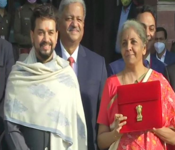 The Finance Minister was seen carrying a tablet kept inside a red coloured cover with a golden national emblem embossed on it.