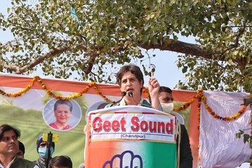 Congress General Secretary Priyanka Ganghi Vadra addressing a rally in Bijnor, Uttar Pradesh on Monday.