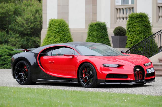 A Bugatti Chiron sports car stands in front of the company's headquarters Chateau St. Jean in Molsheim