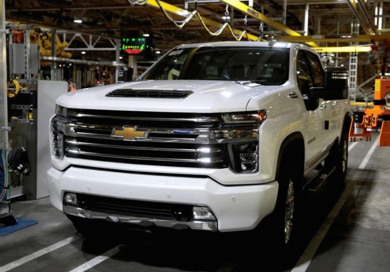 A Chevrolet 2020 heavy-duty pickup truck is seen at the General Motors Flint Assembly Plant in Flint