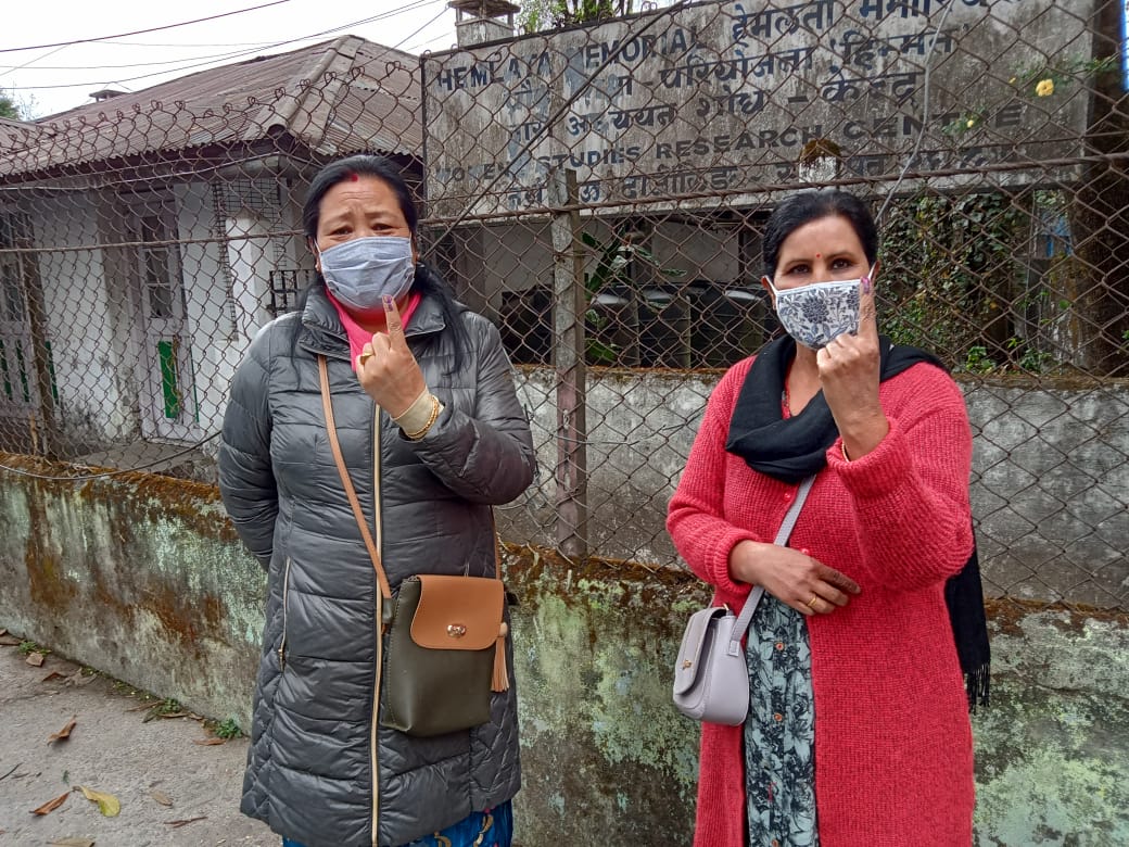 Women voters after casting their votes at Himalayan Kala Mandir polling booth at Darjeeling