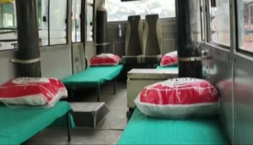 Visual of one of the converted mini bus into an ambulance in Karnal.