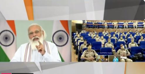 Prime Minister Narendra Modi interacts virtually with Indian Police Service (IPS) probationers from the Sardar Vallabhbhai Patel National Police Academy