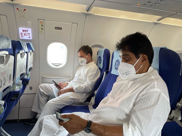 Congress leader Rahul Gandhi onboard a flight to Lucknow