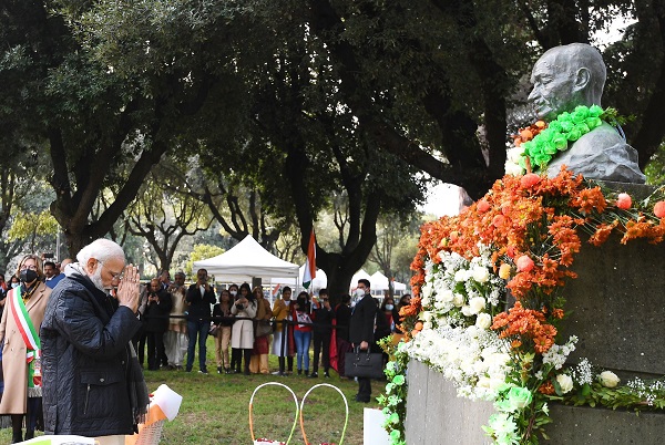 PM Modi pays floral tribute to Mahatma Gandhi at Piazza Gandhi in Rome