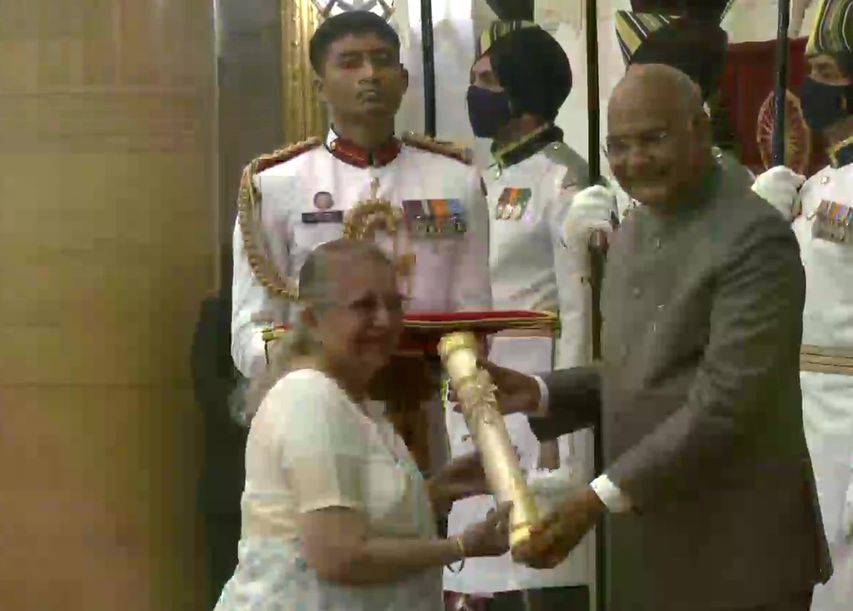 Former Lok Sabha Speaker Sumitra Mahajan awarded the Padma Bhushan by President Ram Nath Kovind at Rashtrapati Bhawan