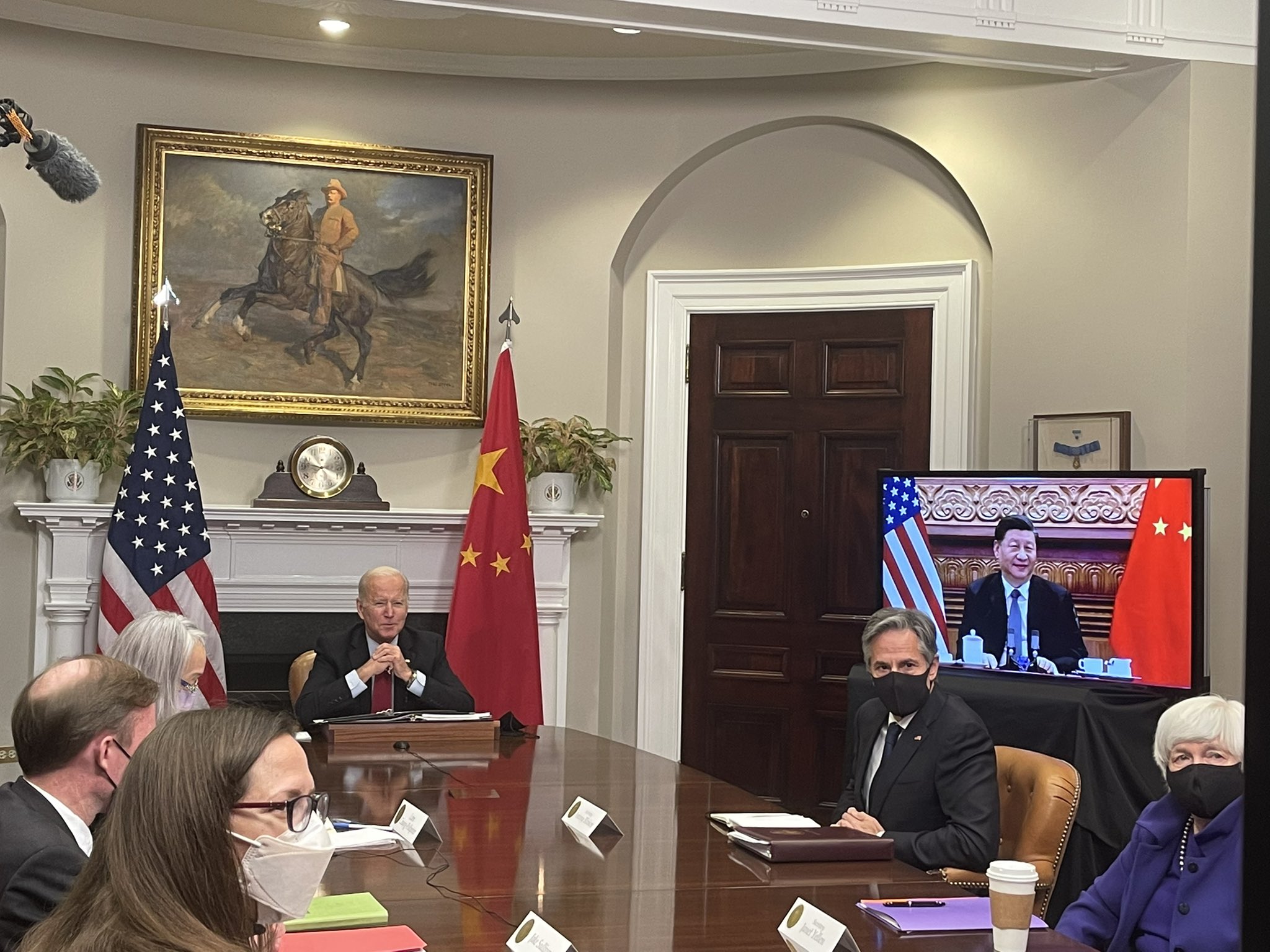 US President Joe Biden and other officials during a virtual meeting with Xi Jinping. (Pic courtesy: Meghan Hays, director message planning, WH)