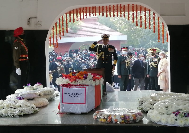 The three service chiefs pay tribute to Brig LS Lidder at Brar Square, Delhi Cantt