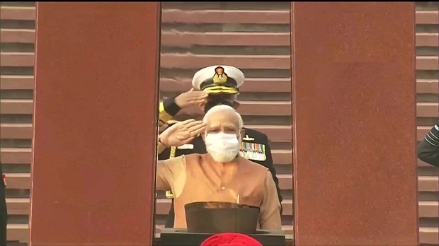 Prime Minister Narendra Modi lays a wreath at the National War Memorial
